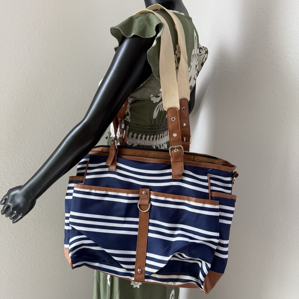 Large Navy Blue White Striped Tote Bag Weekender Travel Shoulder Purse Pockets